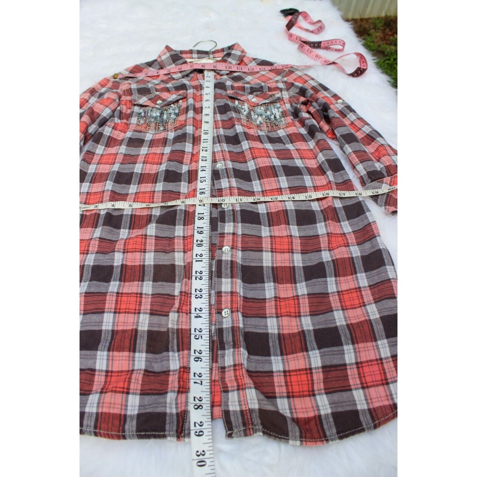 Y2K Vintage Miss Me Plaid Button-Down Shirt Dress W/ Sequin Pockets Size S