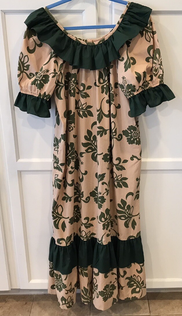 Vintage Lucky You Hawaii Pink Beige & Green Ruffle Hem Puff Sleeve Maxi Dress 2X