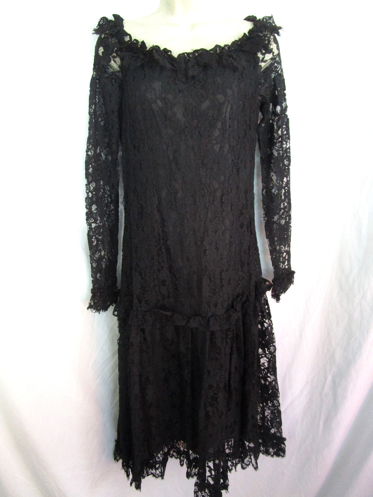 Vtg 80s Lee Jordan Whimsy Goth Drop Waist Sheer Black Lace Dinner Party Dress 10