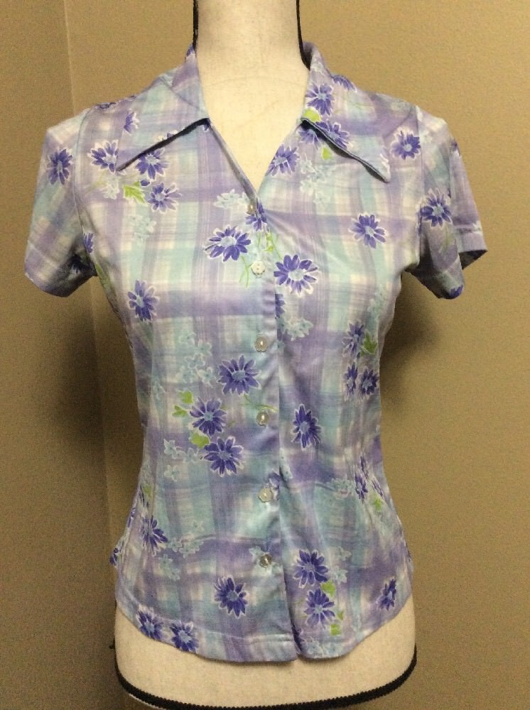 Vtg 90s Purple Blue Plaid Floral Print CLUB KID Flower Button Down Shirt Small