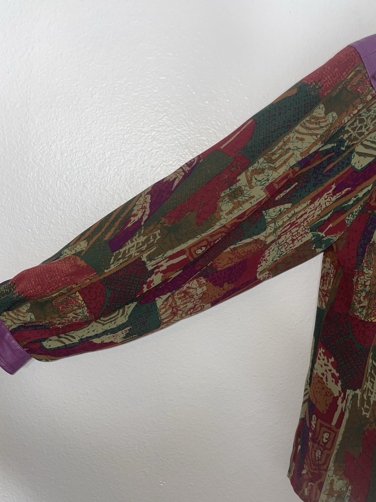 Vintage Marc D’Alcy Blouse Size 2 Abstract Purple Faux Leather Trim Shirt