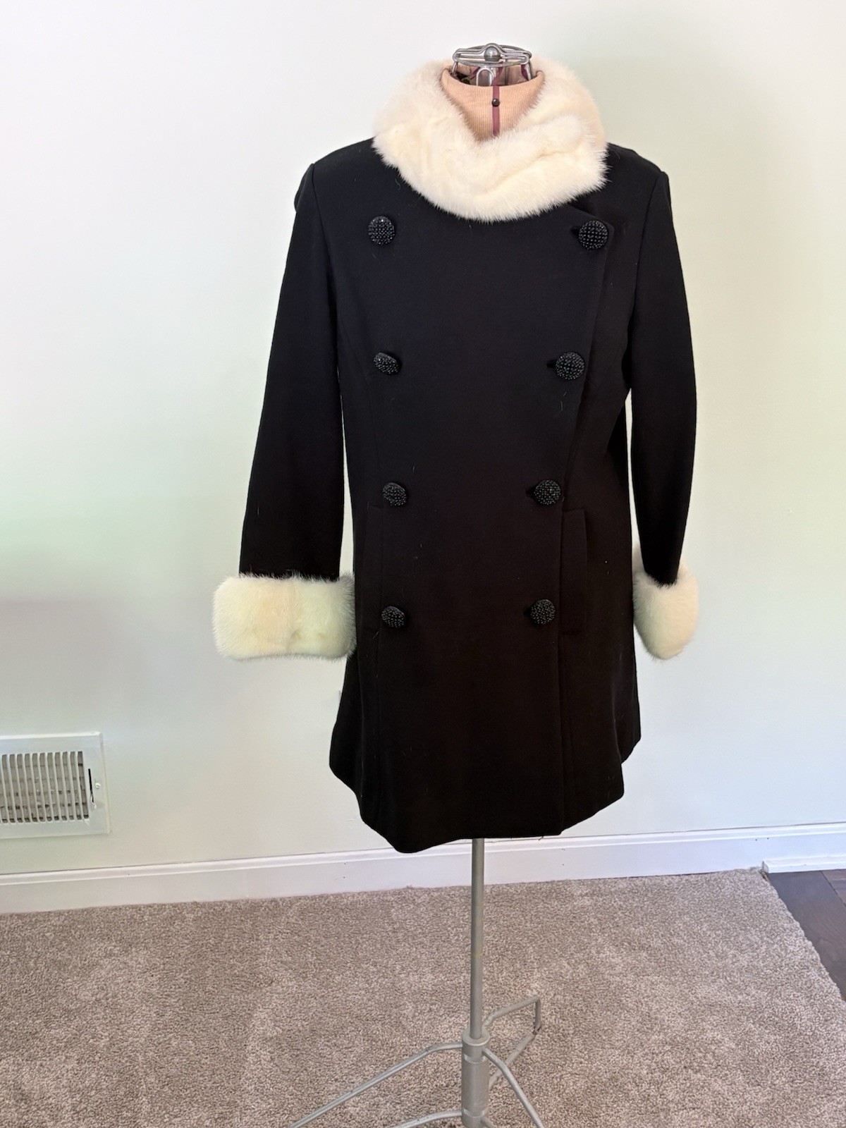 Vtg Belgium Black Wool Coat W/ White Mink Collar & Cuffs Double Breasted S/M