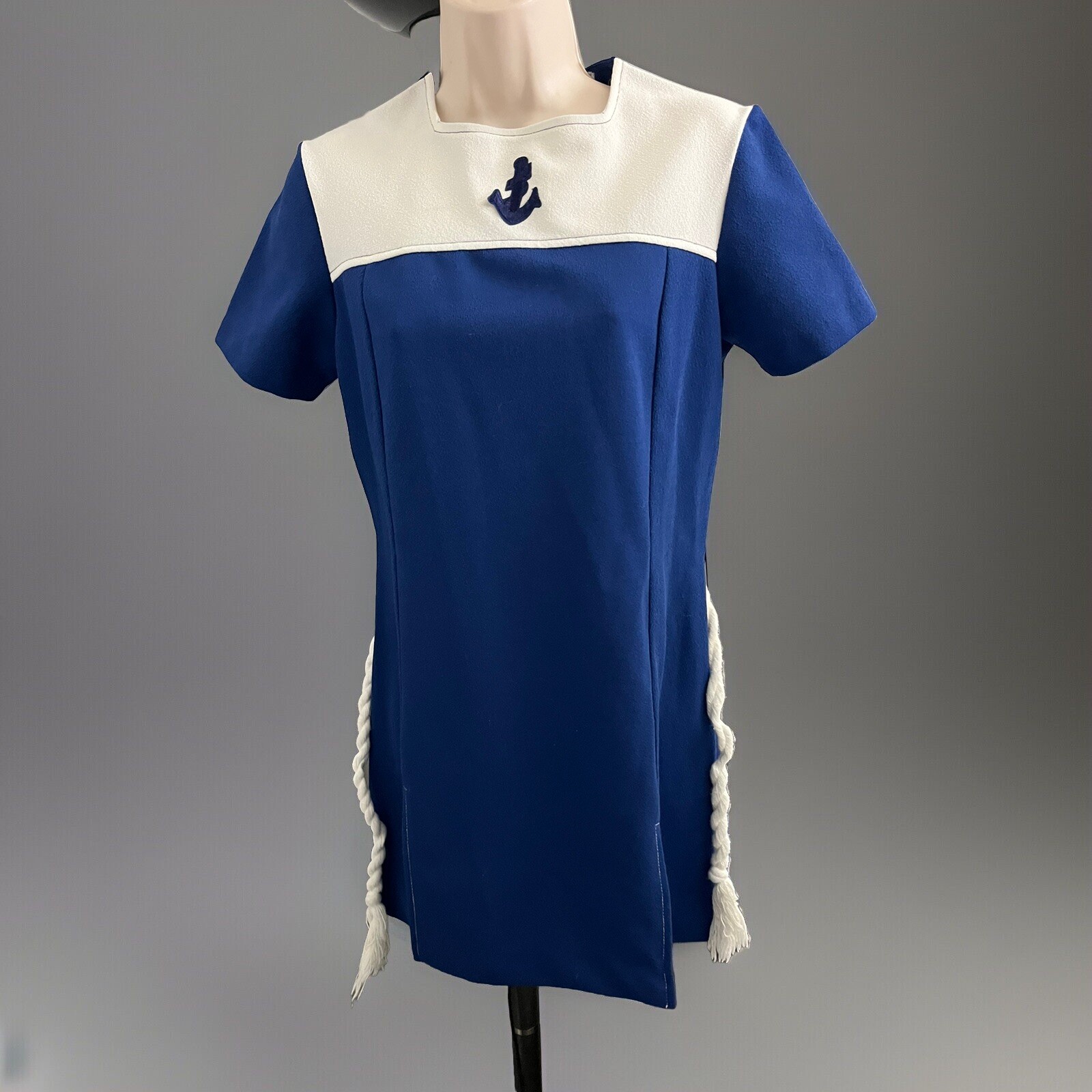 1970s Retro MINI DRESS-Navy Look-Anchor Motif-Side Slits-Braided Rope Belt-Sz 8?