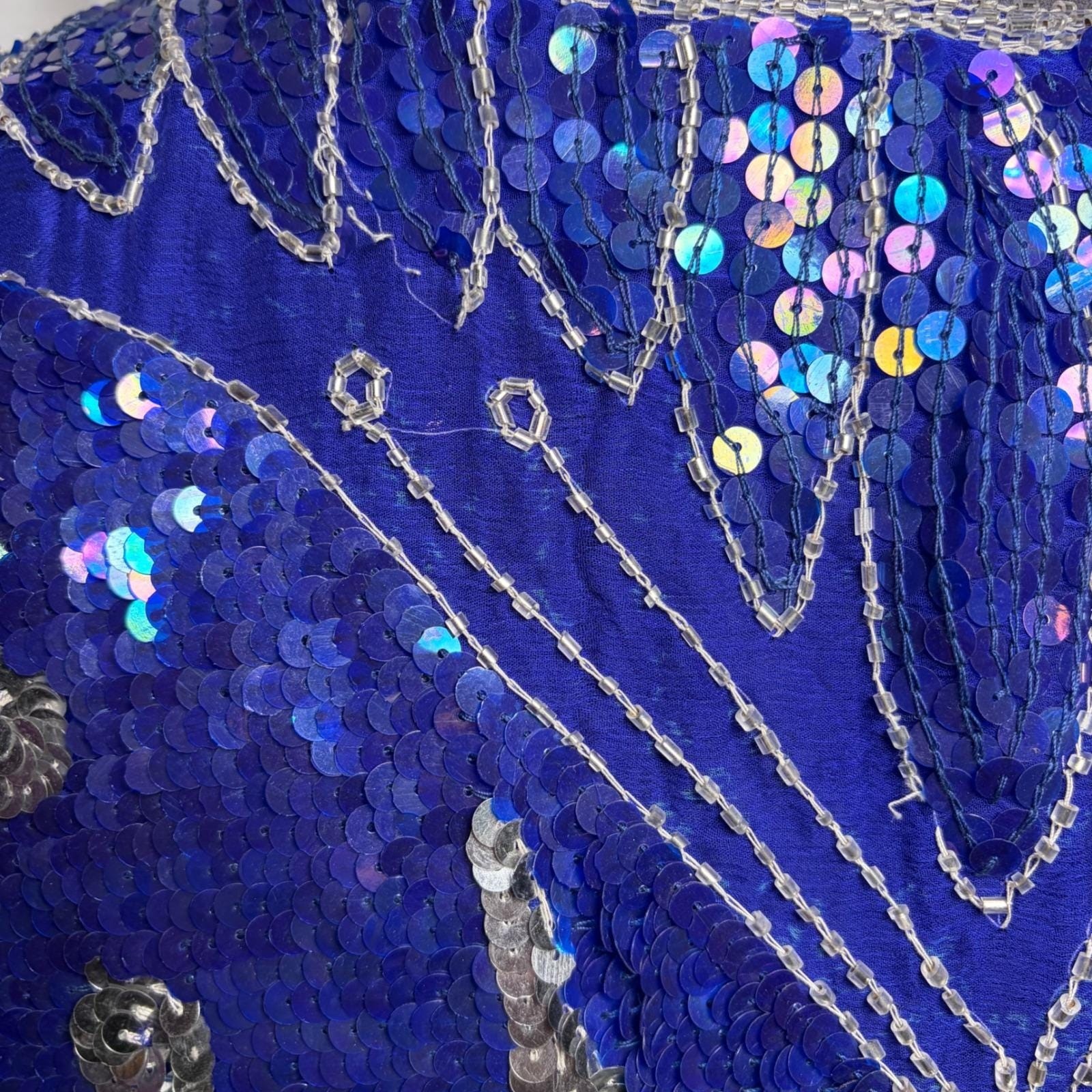 Vtg 70s Blue Butterfly Sequin Beaded Silk Top Disco Party Blouse B40 W30 S DMG
