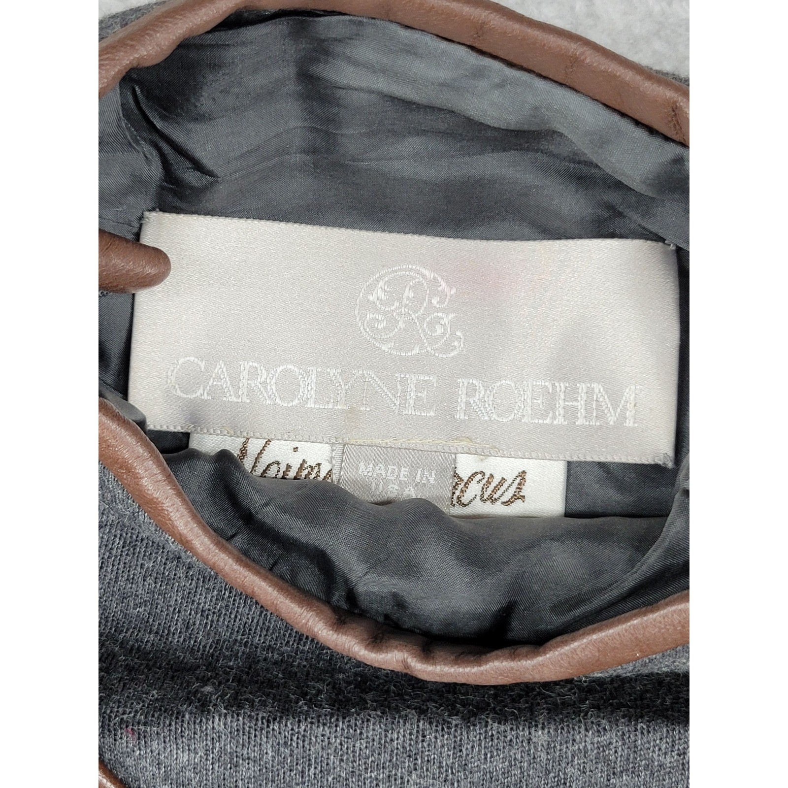 Carolyne Roehm Neiman Marcus Vintage Gray Wool Dress Leather Trim Made in USA 12