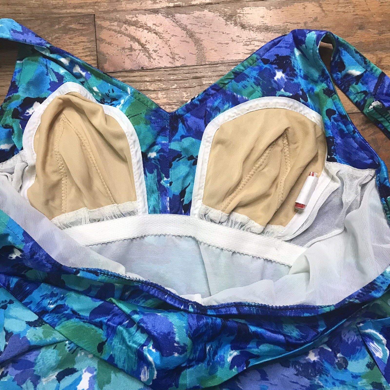 Maxine of Hollywood Size 14 Vintage Bathing Suit Blue Floral Print Belted