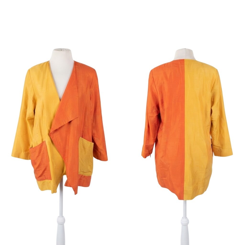 VTG 90s Duster Jacket Silk Yellow Orange Colorblock Blazer Victoria March