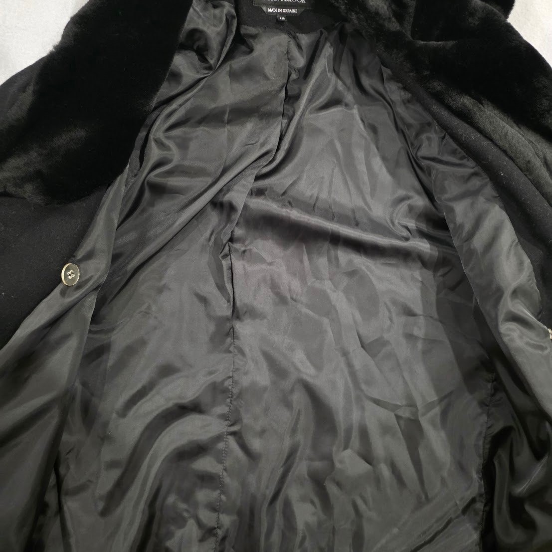 Vintage Donnybrook Black Wool Coat Faux Fur Hooded Double Breasted Jacket Sz 12