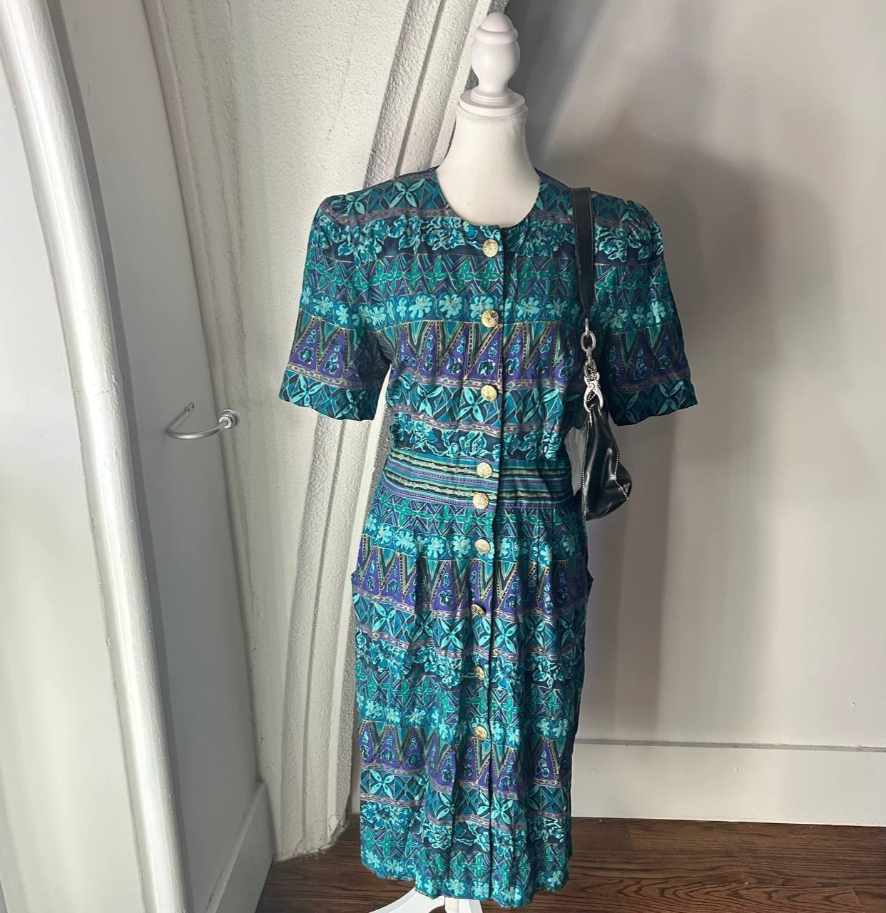 Positive Attitude Womens Dress Sz L Blue Short Sleeve 80s Vintage