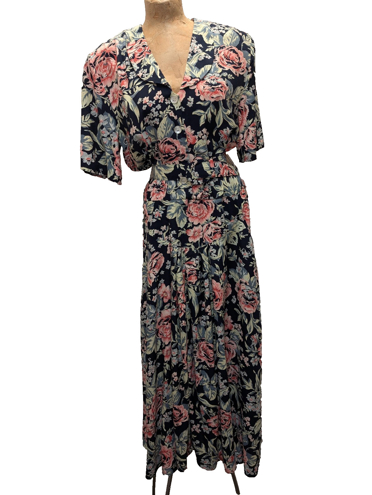 1980’s Black Green Pink Rayon Floral Dress by E.D. Michaels Size 13/14