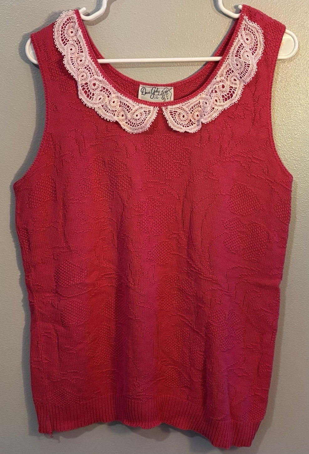 Vintage Dear Abby Knit Sleeveless Pullover Sweater Top White Lace Collar