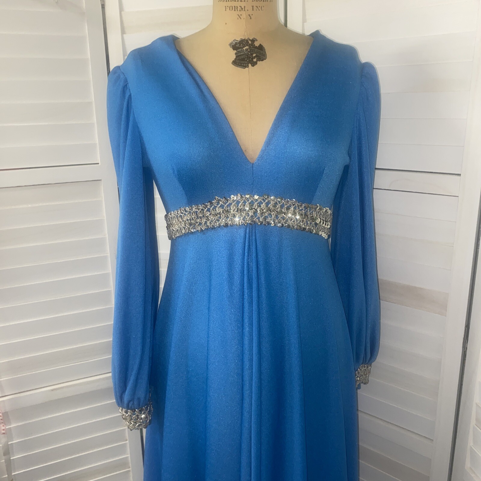 Vintage 60s 70s Jorami Renaissance Blue Hostess Gown Medium Sequins Maxi