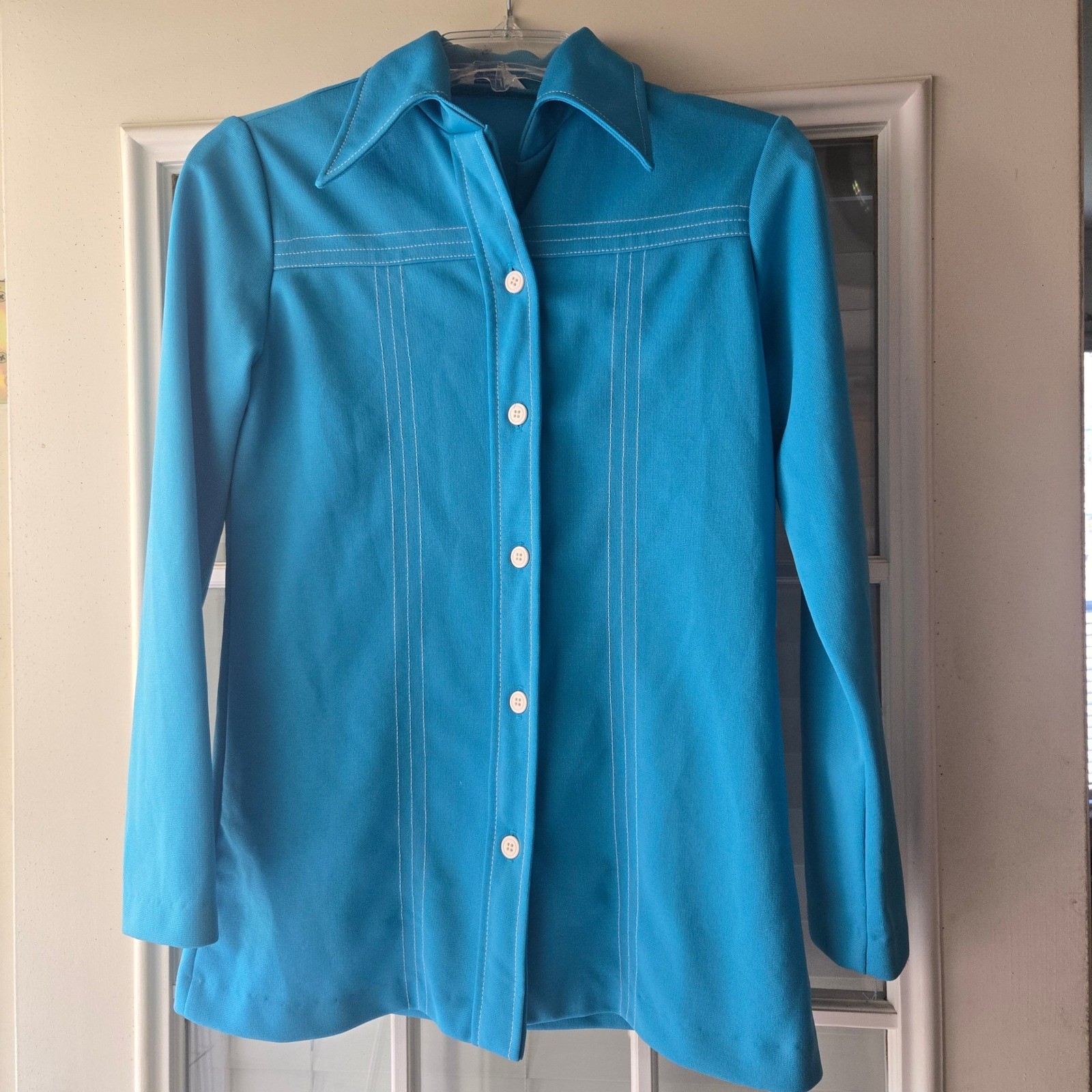Vintage 70s Sears Turquoise Blue Knit Shirt Jacket White Contrast Stitch Disco M