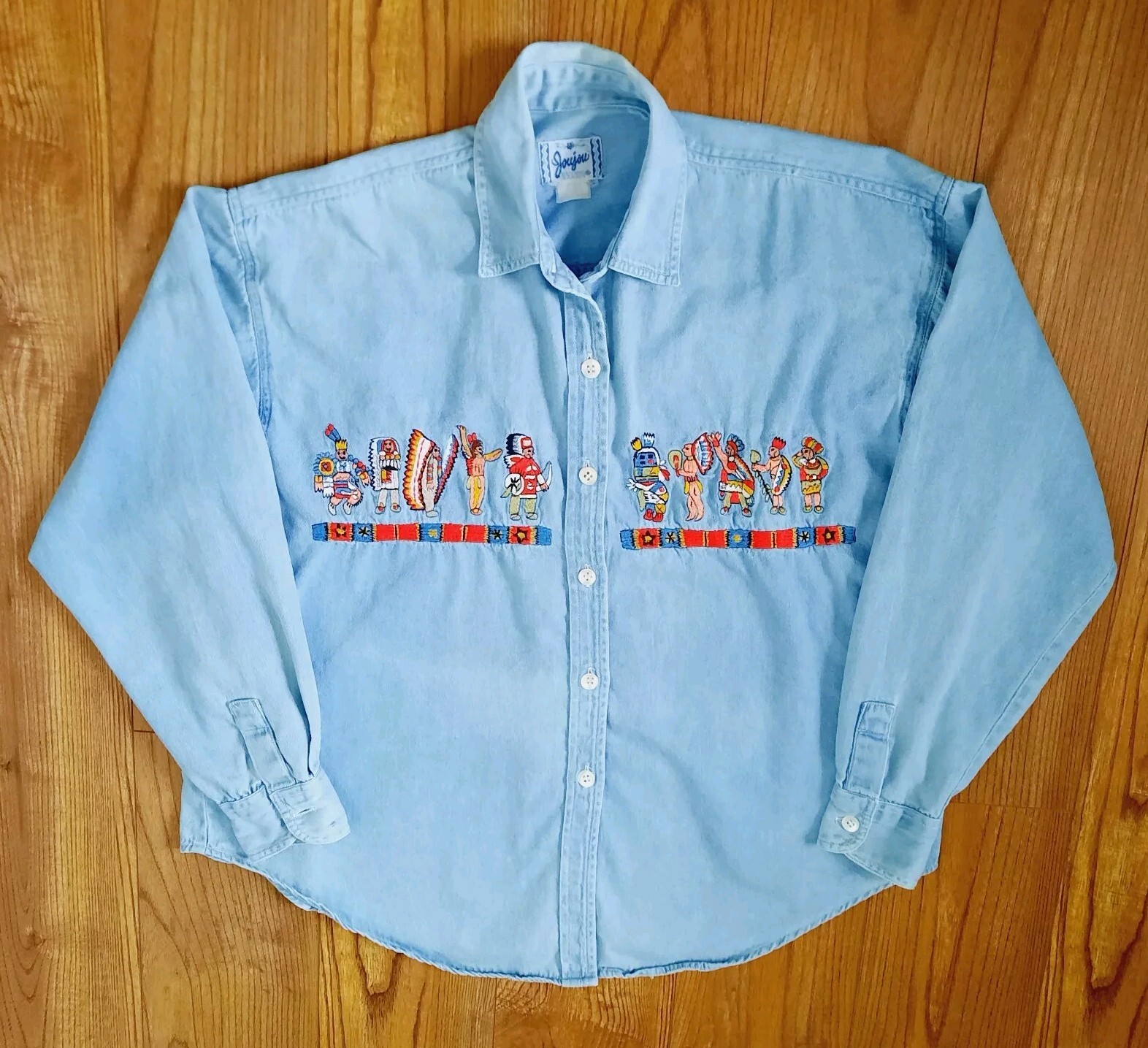 Vintage Jou Jou Long Sleeve Denim Jean South Western Indian Embroidered Shirt XL