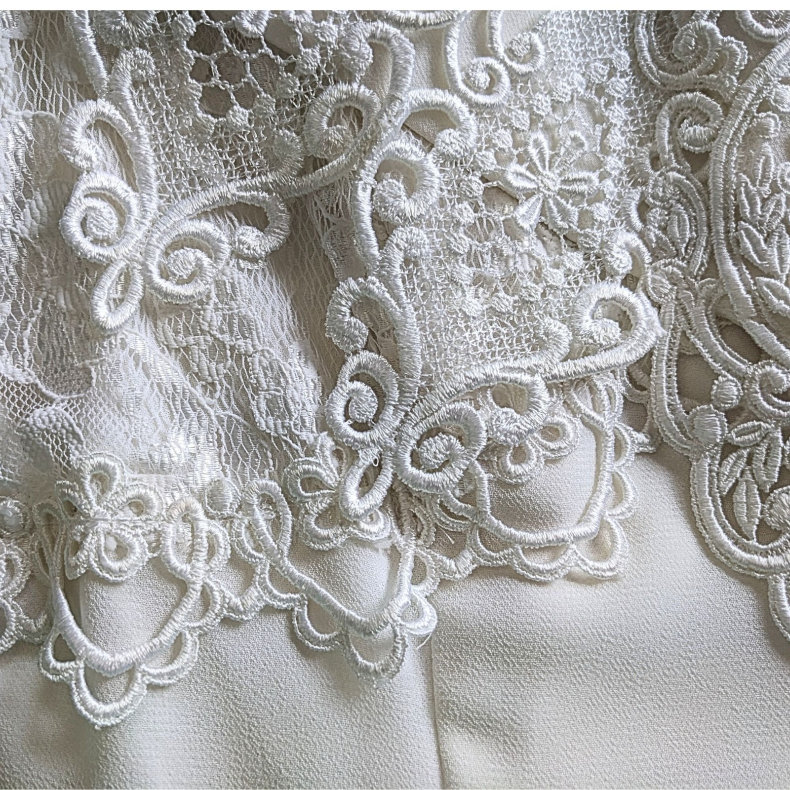 Vtg Early 90s JESSICA MCCLINTOCK Bridal Ivory Lace Off-Shoulder Pearl LS Gown 8