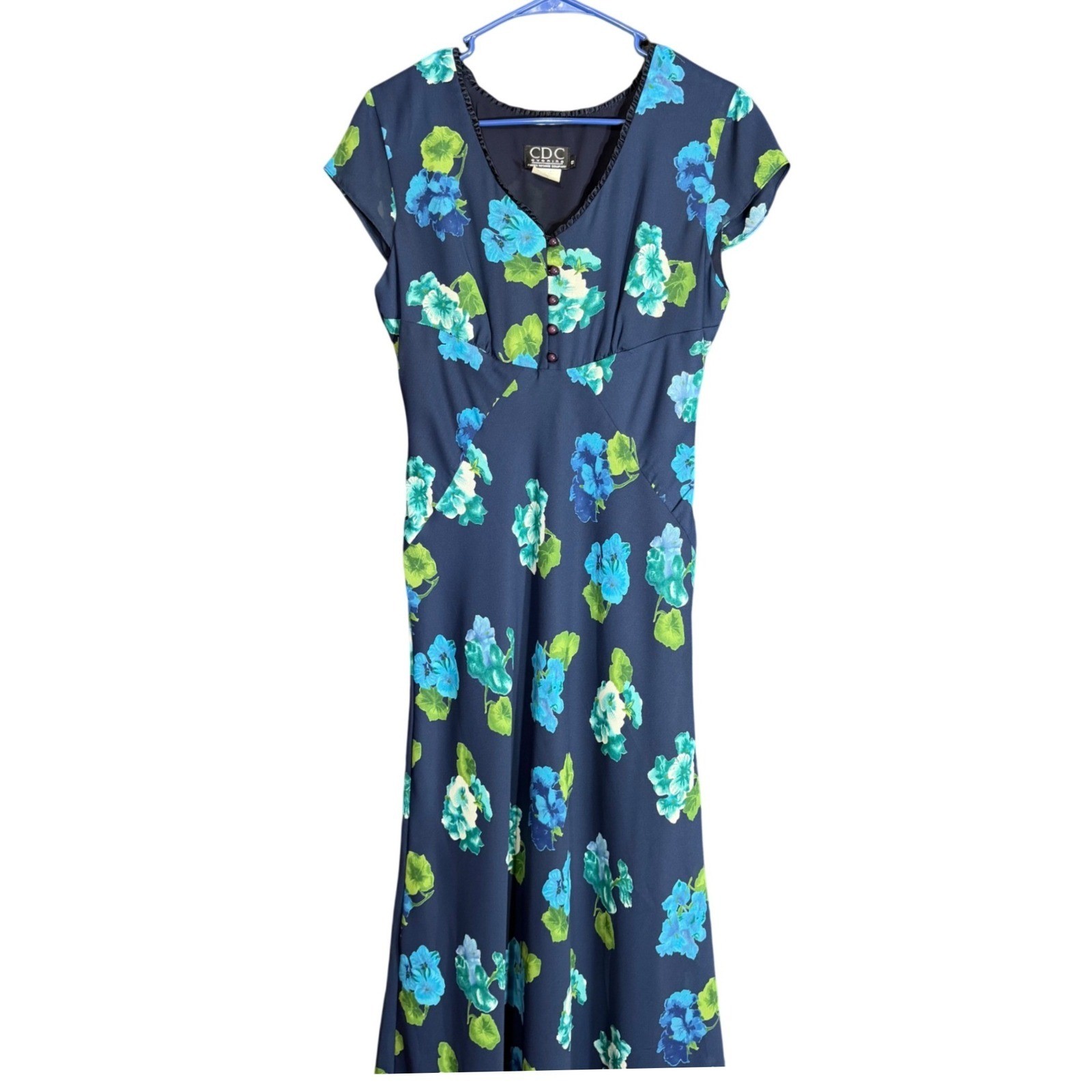 Vintage CDC Evening Caren Desiree Womens Size 8 Floral Maxi Dress Navy Blue Boho