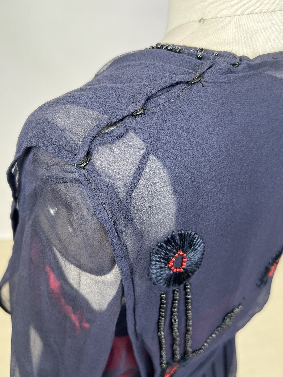 Antique 1910s 1920s Navy Blue Silk Chiffon Dress Floral Embroidery Beading AS IS