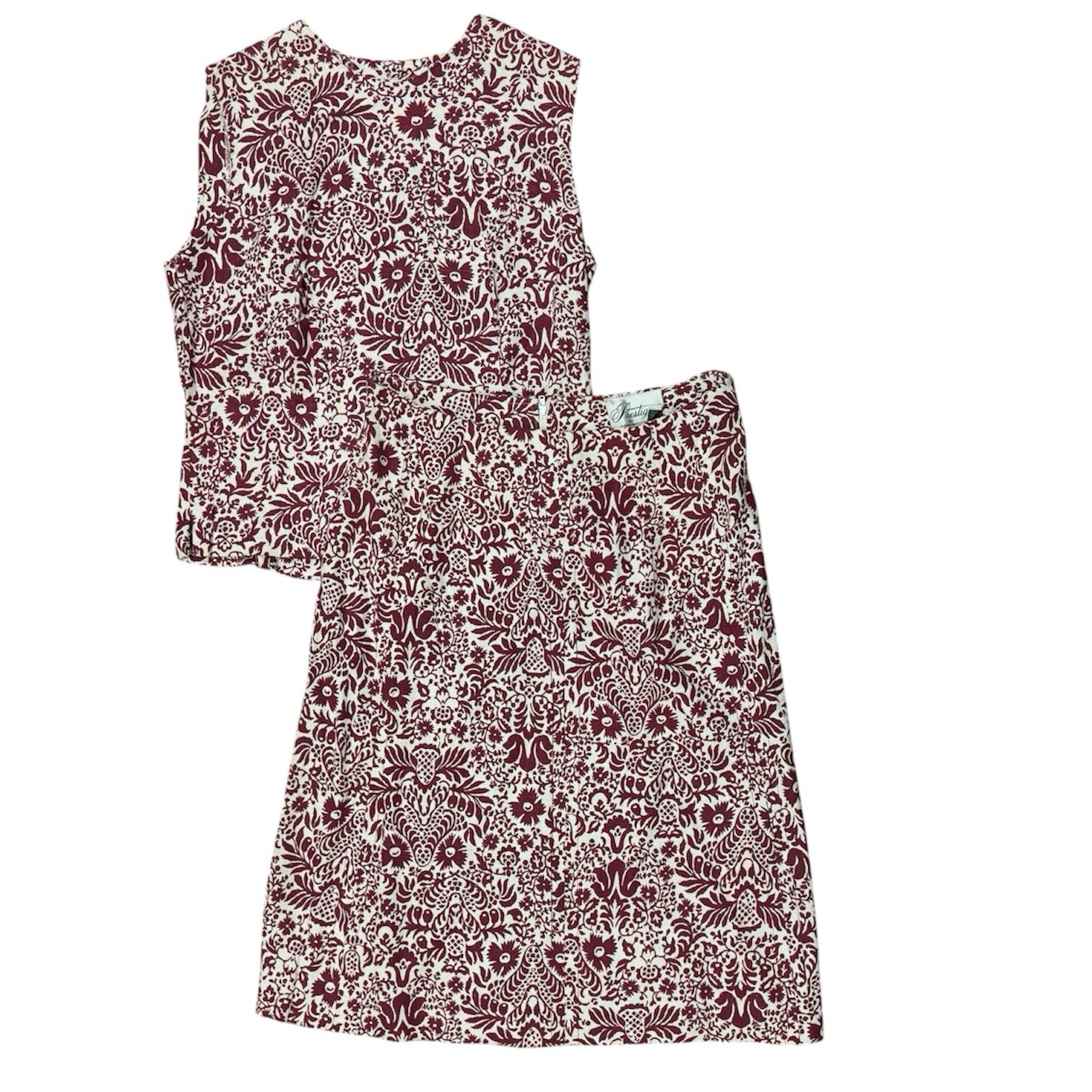 Vintage 70s Prestige of Boston Floral Skirt & Top Set Burgundy NOS Folk Art Boho