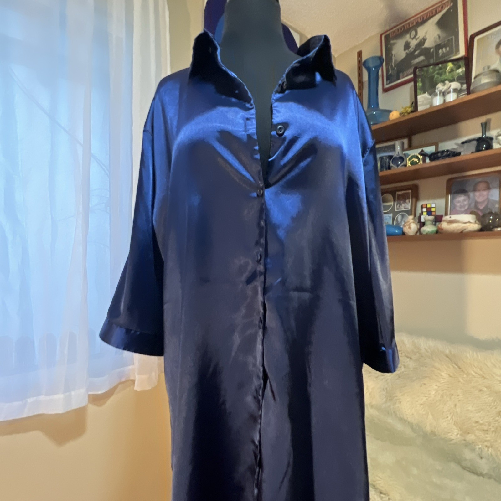 Vtg Ekouaer Glossy Shiny Satin Sleep Shirt Dress XXL Sapphire Blue Button Down