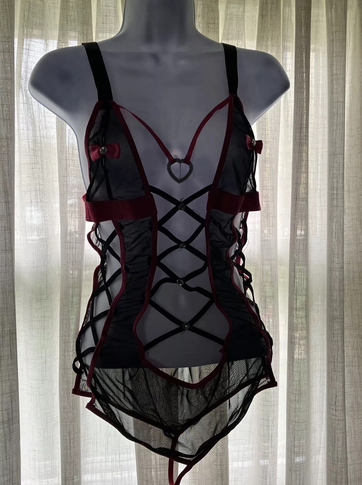 Vintage Black Pink Strappy Woman’s Teddy Sexy Bodysuit Intimate Apparel One Size