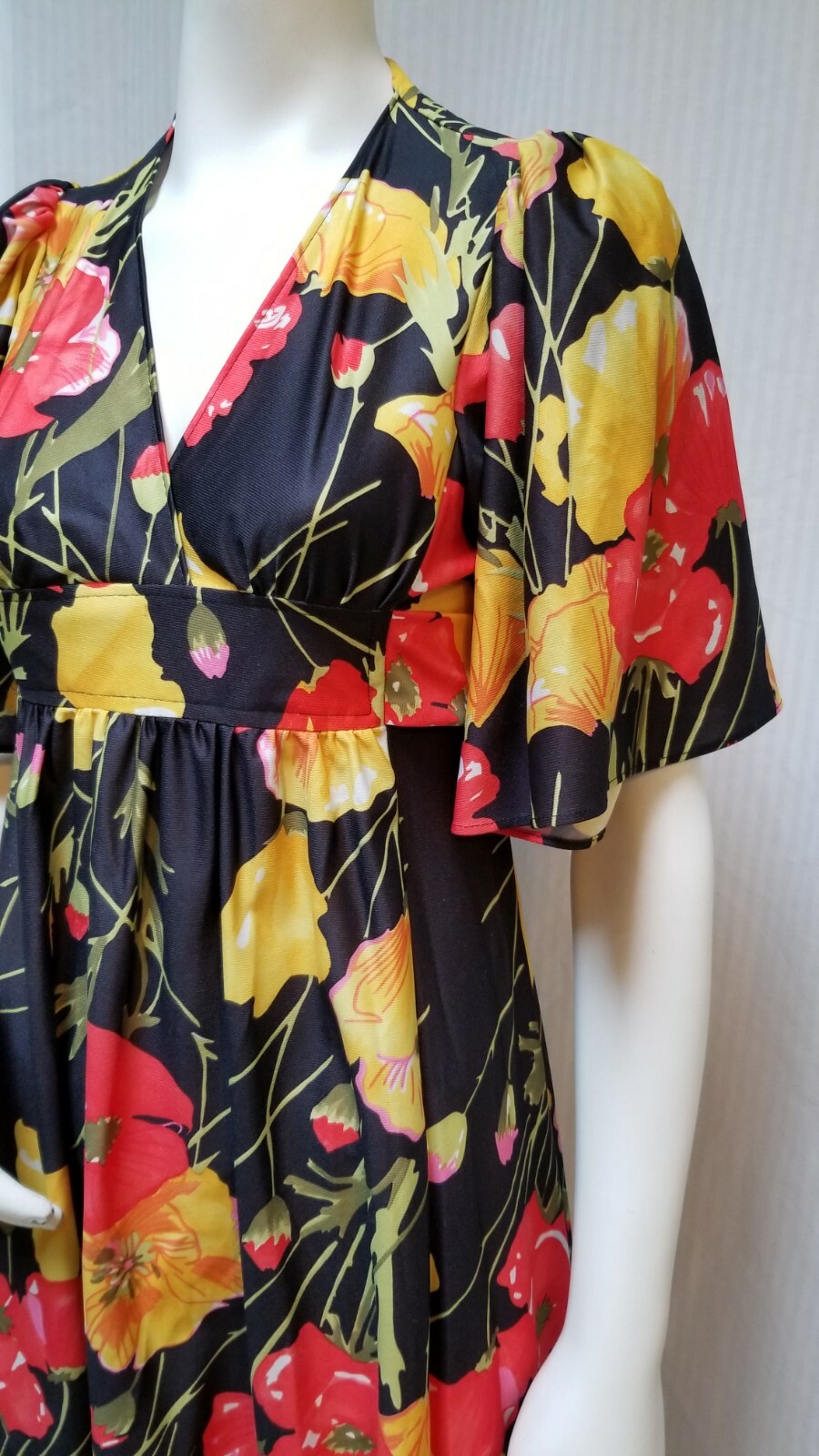 Vintage 70s Black Floral Print Empire Waist Maxi Dress Butterfly Sleeve – Size S