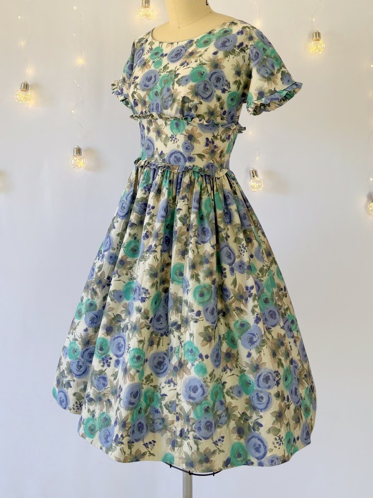 Vtg 50s 60 Blue Watercolor Floral Print Fit Flare Dress Short Sleeve Ruffles XS