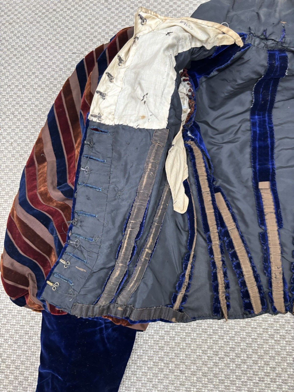 Antique Victorian Royal Blue Velvet Brown Stripes Jacket Leg of Mutton Sleeve