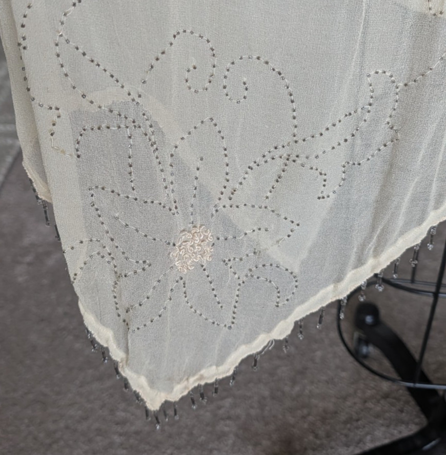 Antique 1920s silk beaded sheer dress beige flapper 40″ bust bead trim