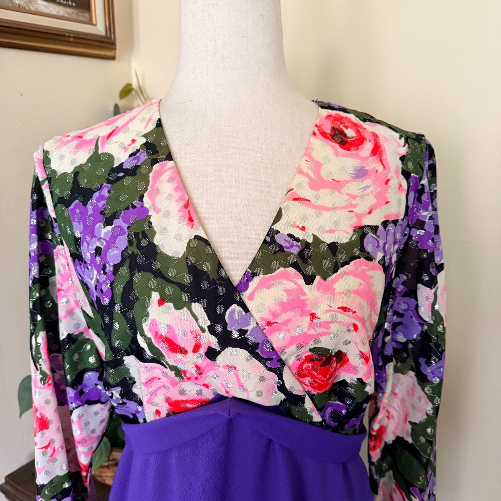 Vintage Purple Floral Hostess Gown Empire Waist Maxi Dress Silver Lurex Dots