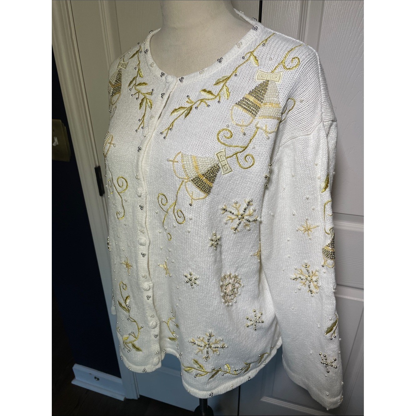 Vintage Designers Originals White Gold Embellished Holiday Cardigan Sweater MP