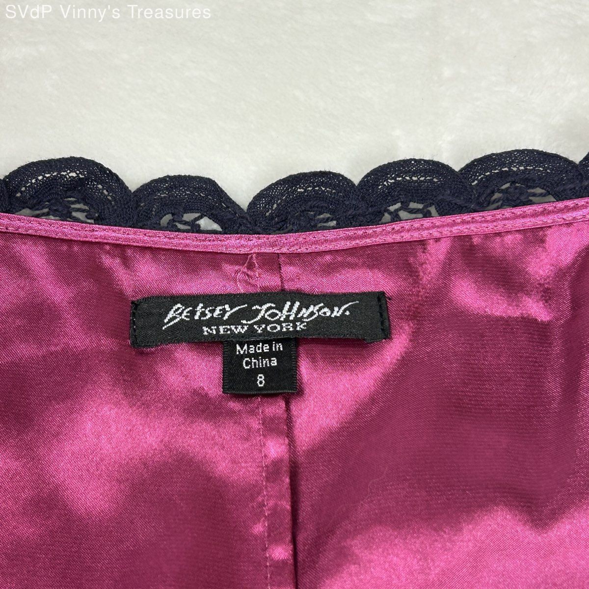 Vintage Y2K Betsey Johnson Women’s Navy Pink Floral Lace Silk Lining Dress Sz 8