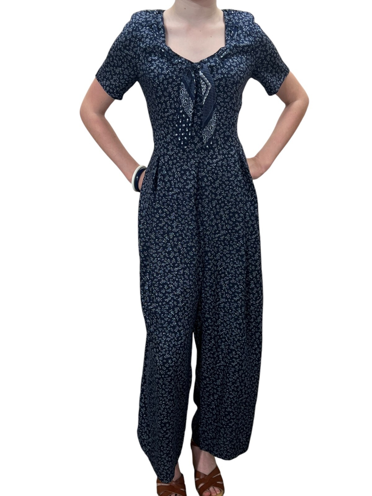BANDANA NECK TIE Vtg 80s M Jumpsuit Blue Rayon Palazzo Pants Jumper EXPO USA