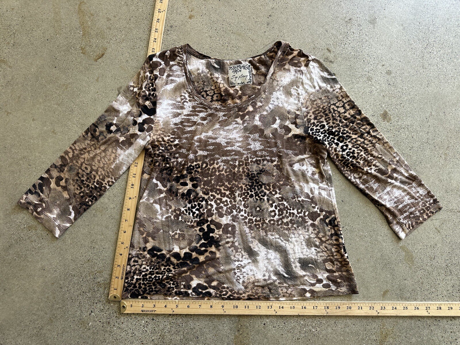 Vintage Top Story Brown Rayon Blend Mixed Animal Leopard Snake Print Top Size L