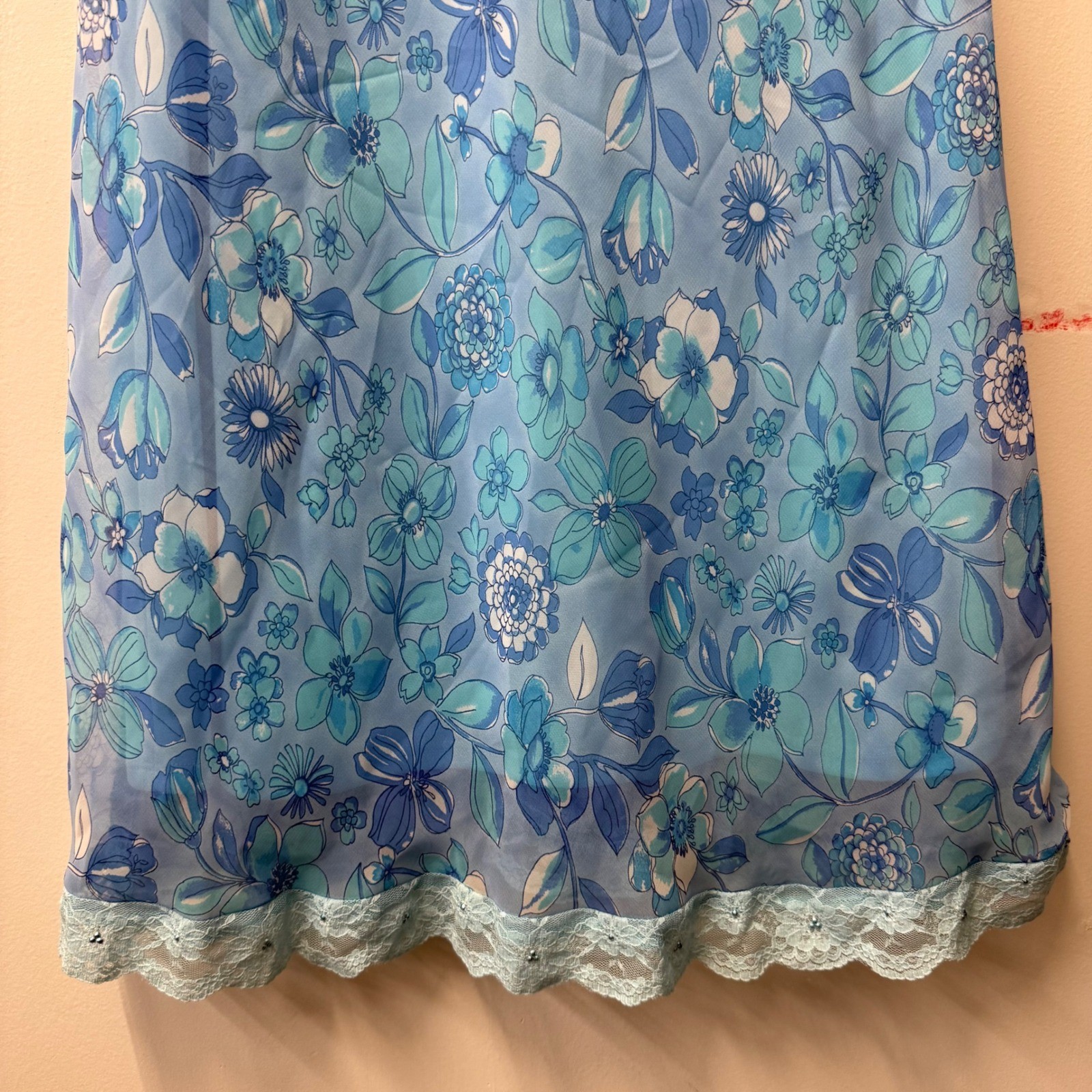 Studio Y Vintage Blue Floral Lace Trim V-Neck Midi Dress Made in USA Size 5/6