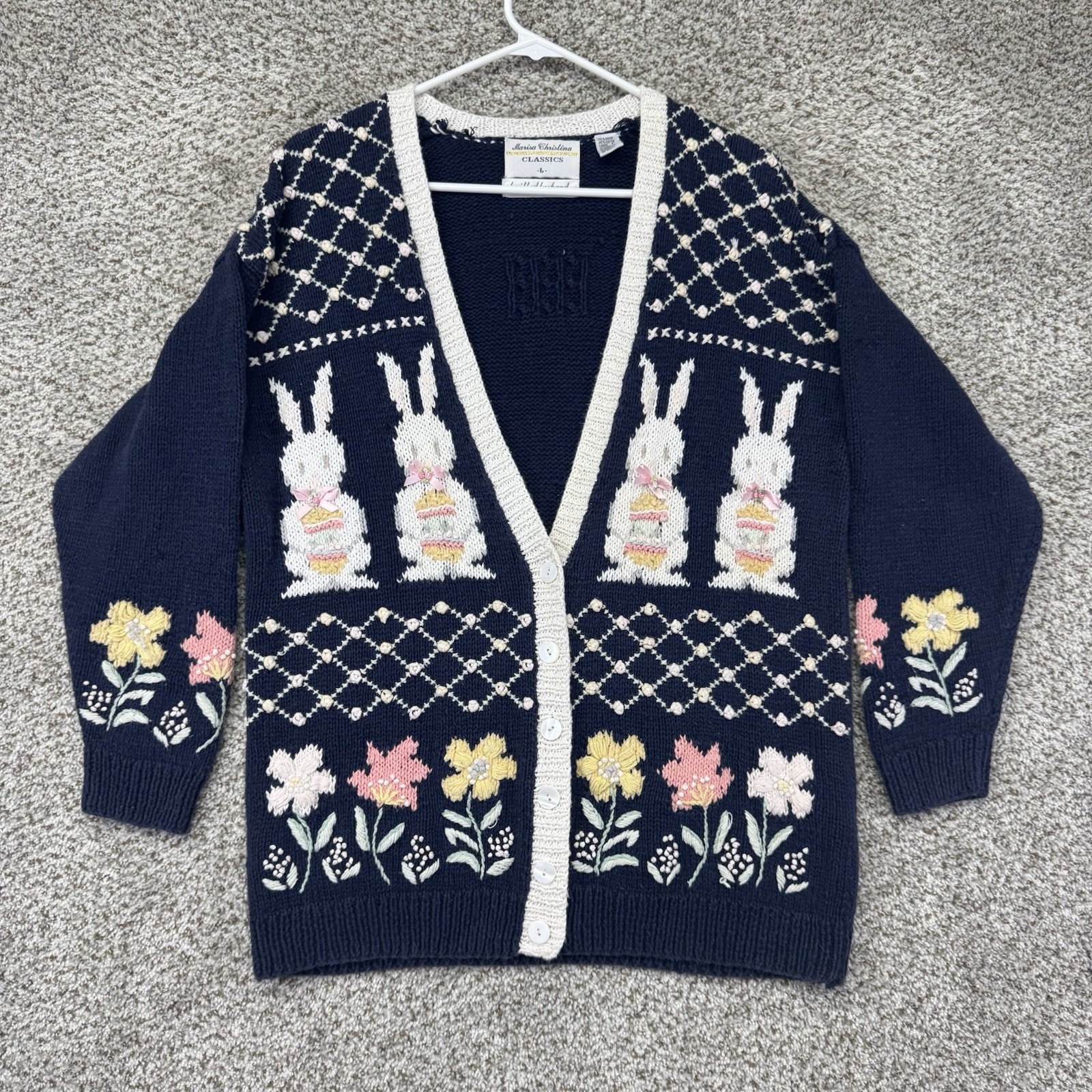 VTG 90s Marisa Christina Sweater Women’s Large Hand Knit Cardigan Easter Bunny