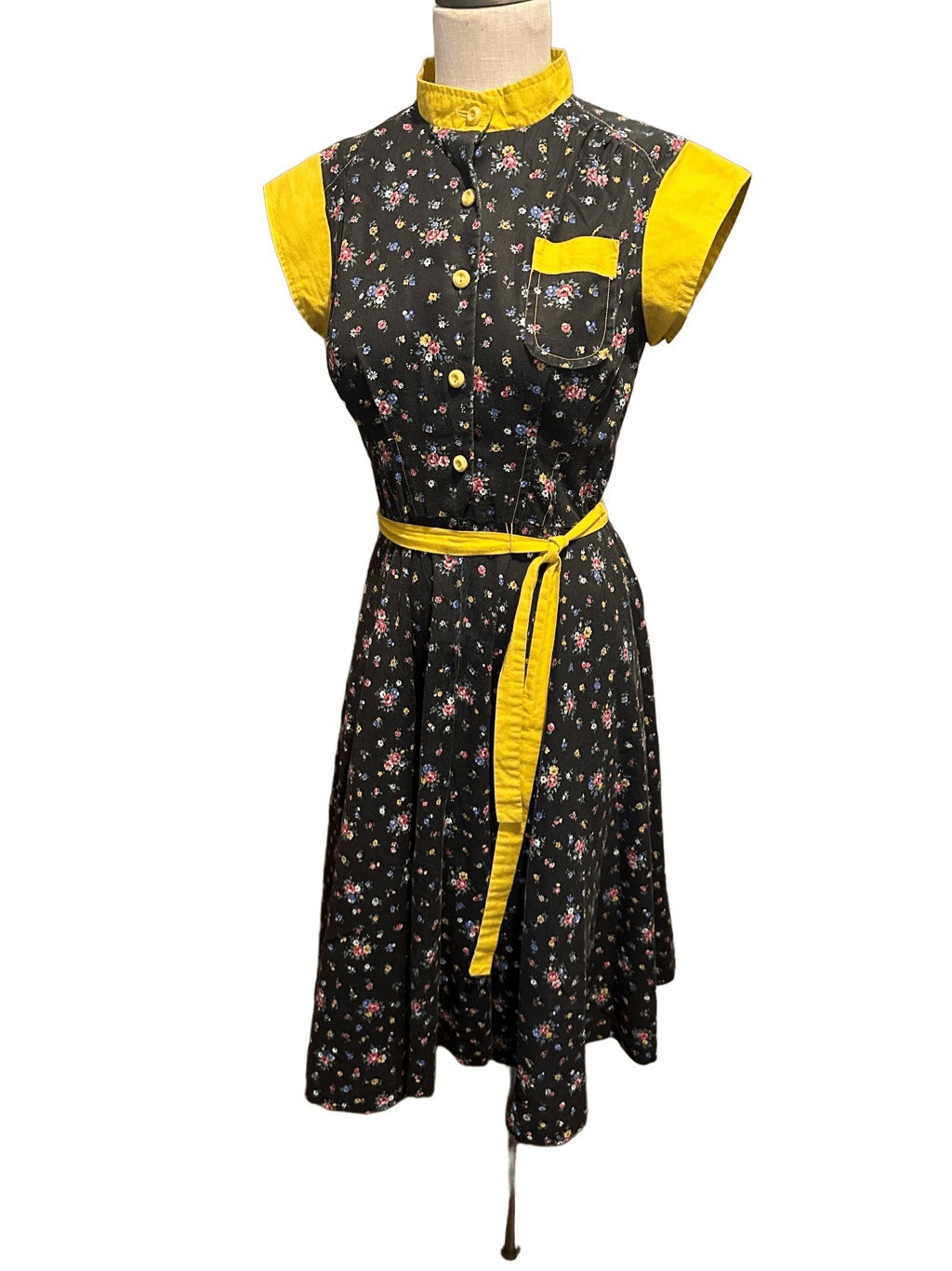 Vintage 70s Womens Black and Yellow Floral Shirt Dress High Neck Size 11 USA