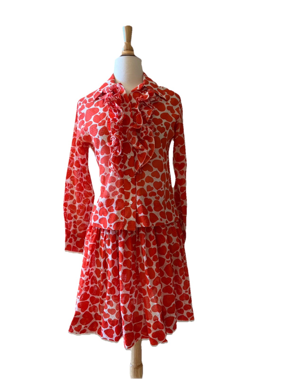 Vintage 60s 70s Ruffle Red Heart Long Sleeve Shirt Mini Skirt Dot Set small