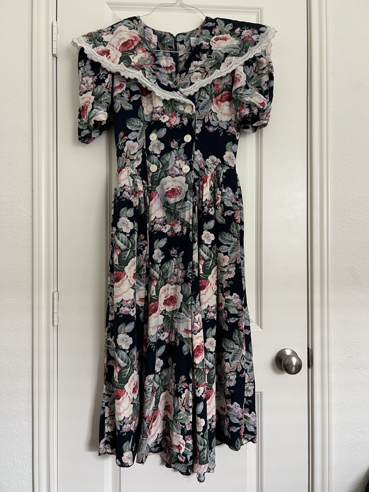 Vtg 80s E.D. Michaels Blue Pink Roses Floral Cottage Core Tea Dress Pockets M