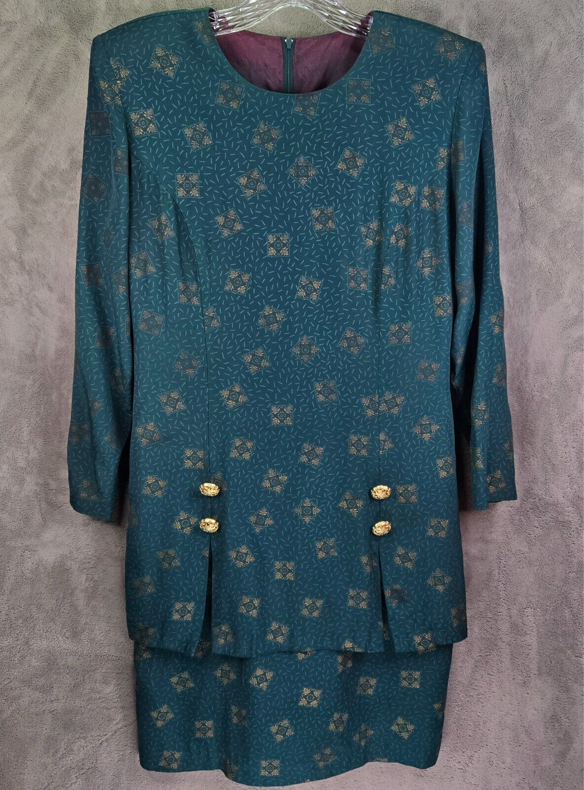 Vintage Michael B Ltd 80s Suit Dress Womens 10 Green Gold Buttons Shoulder Pads