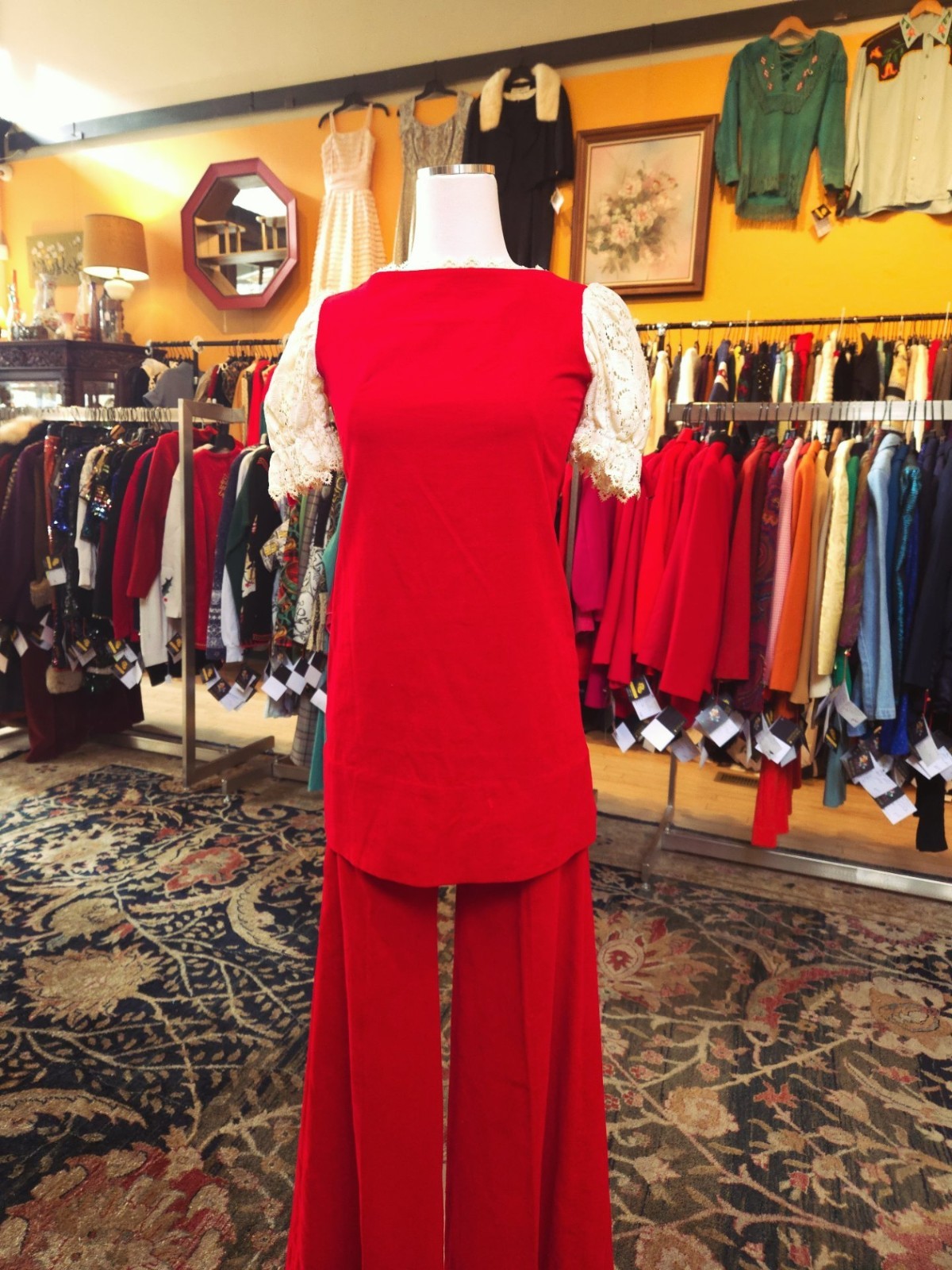 VTG 1970s 2pc Whimsy Boho Bell bottom Mini Dress Red Cotton Velvet Party Holiday