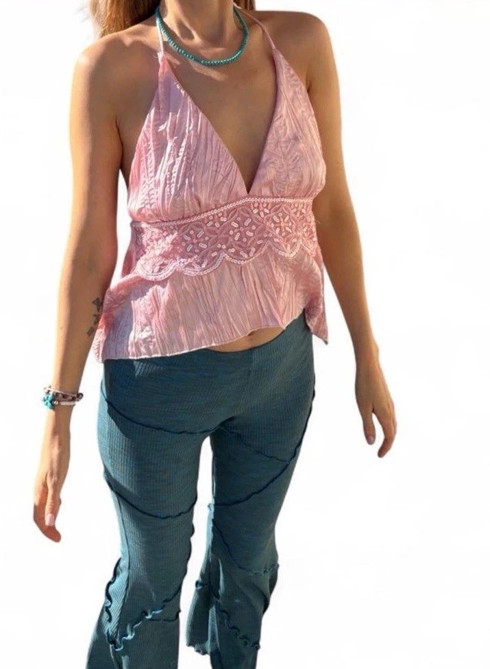 Vintage silky satin Delicate baby Pink halter top w/ lace detailing and sequins