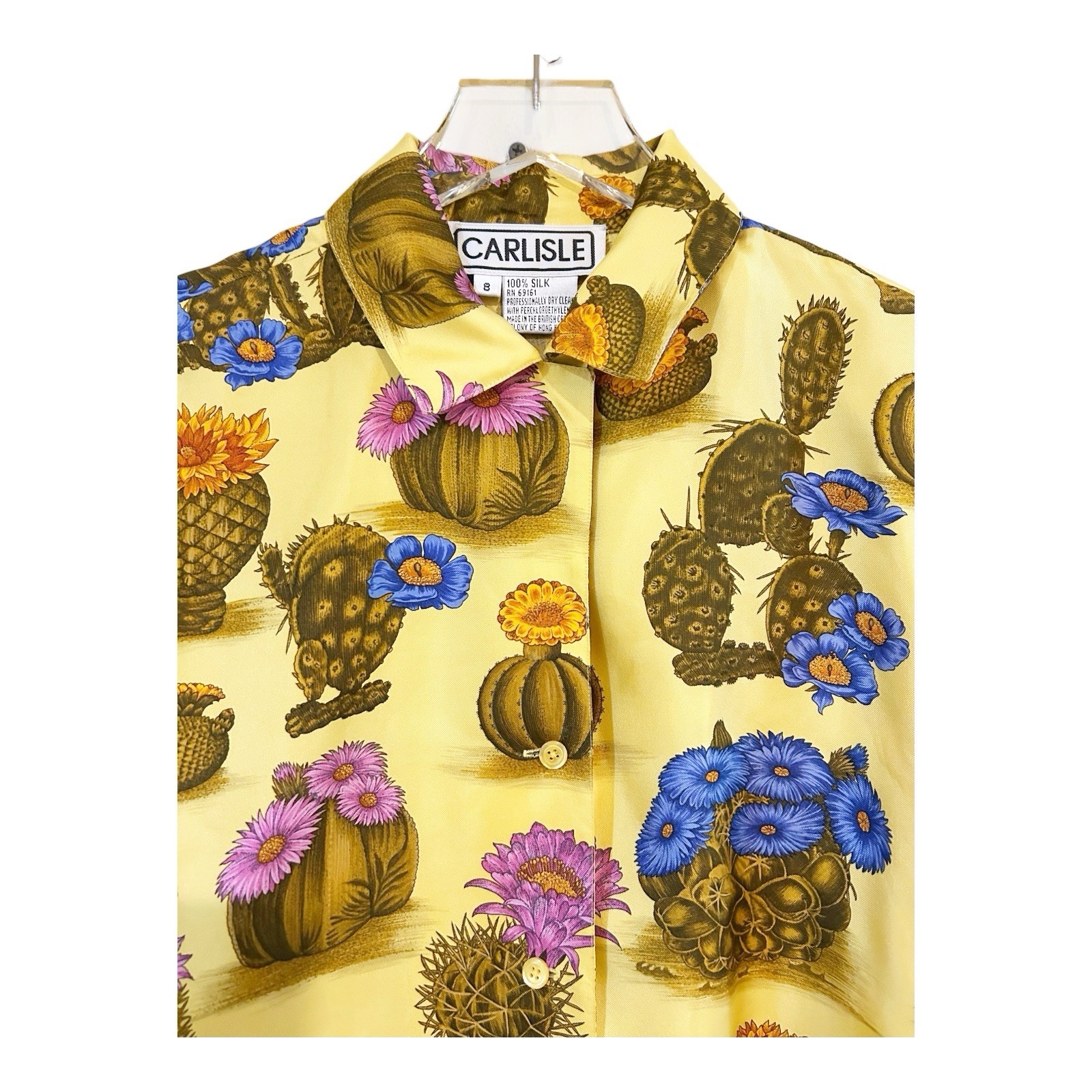 Carlisle VTG Women’s Button Down Silk Shirt All Over Cactus Print Sz 8 Rare!