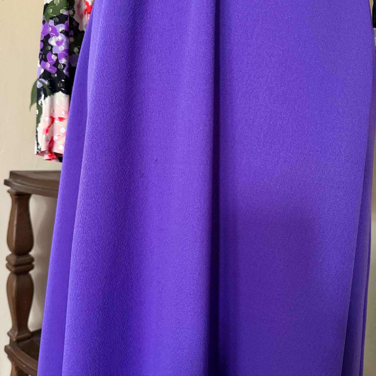 Vintage Purple Floral Hostess Gown Empire Waist Maxi Dress Silver Lurex Dots