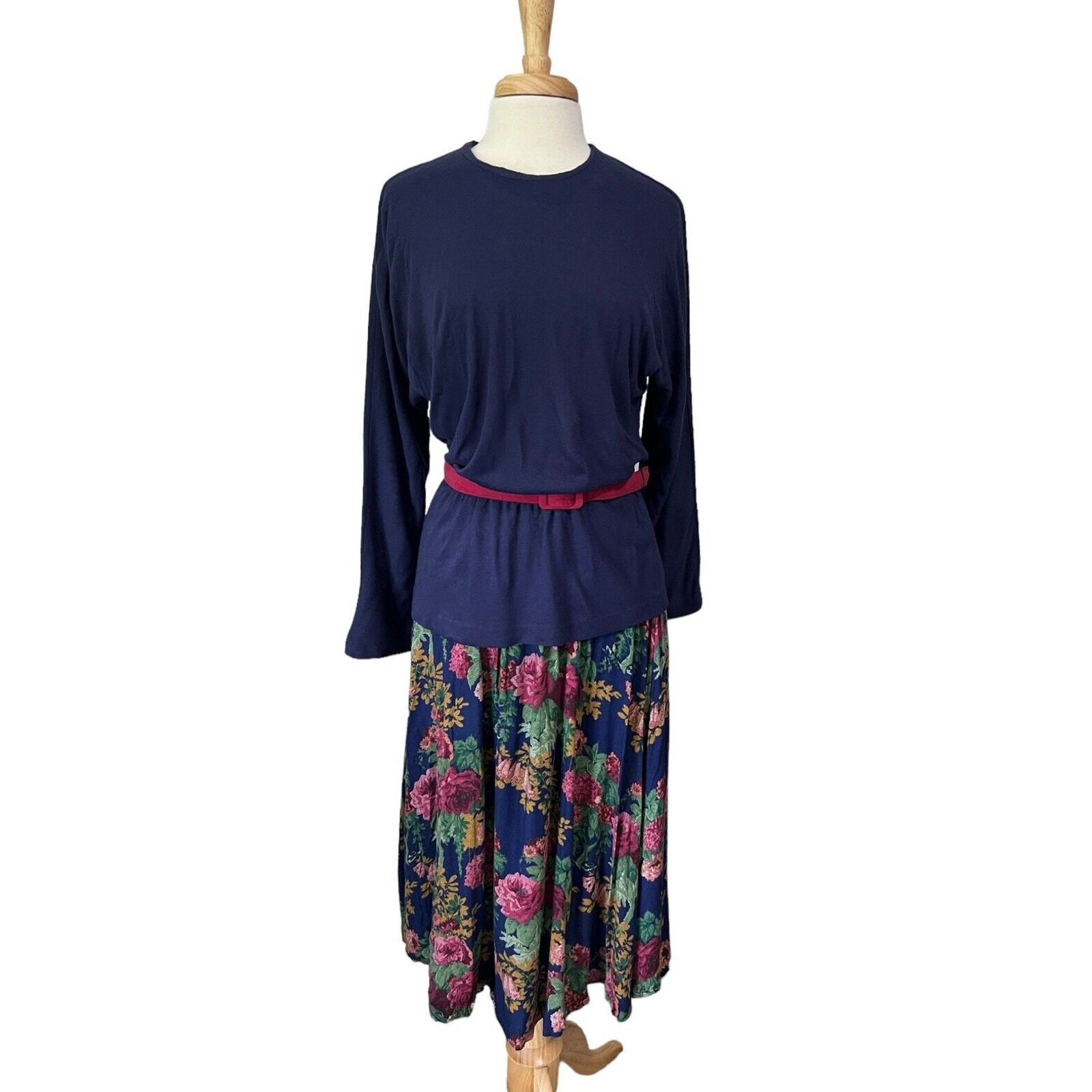Vintage 90s Alison J Belted Peplum Maxi Dress Cottagecore Light Academia sz 12