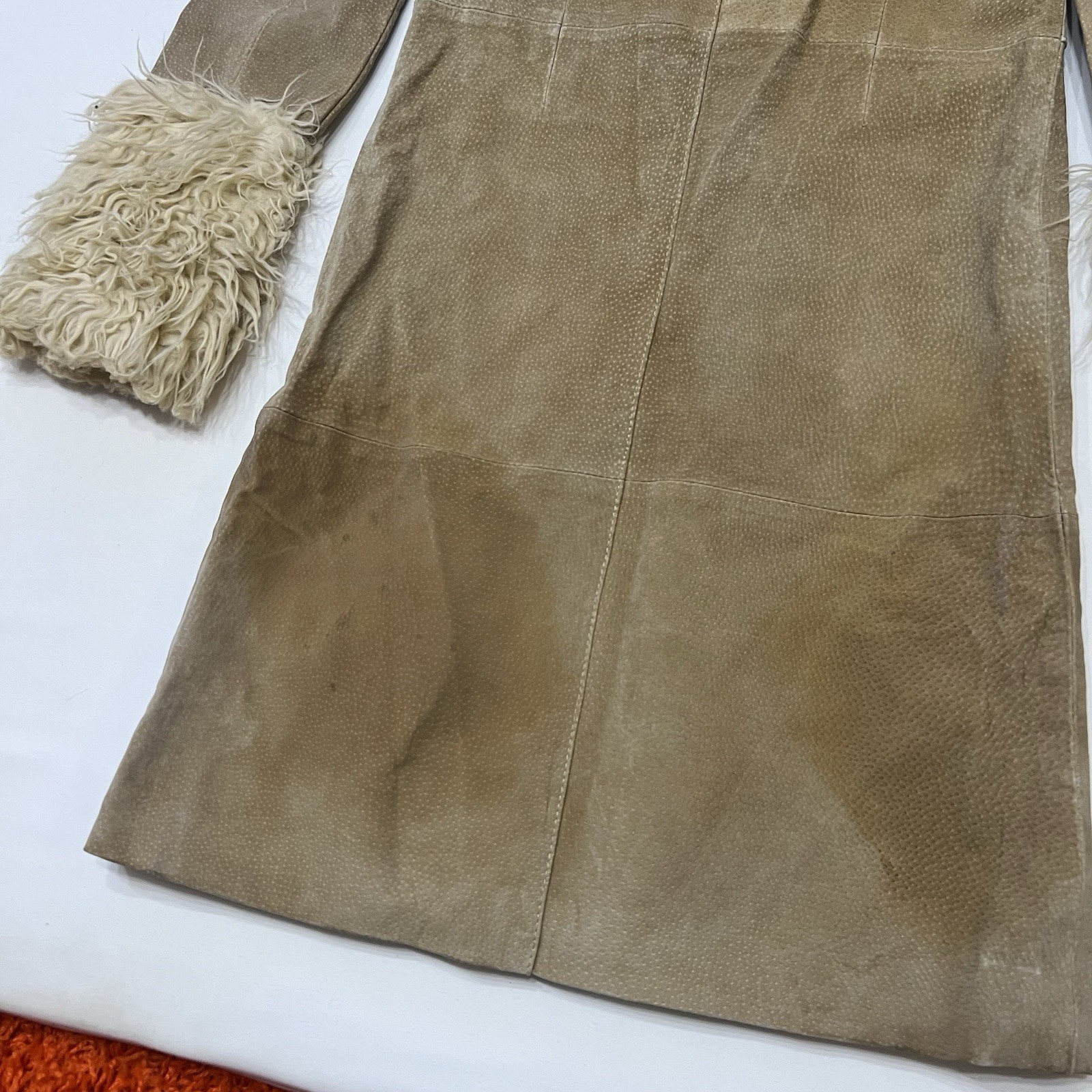 Vintage Blue Asphalt Penny Lane Coat Tan Suede Leather Faux Fur Trim size Small