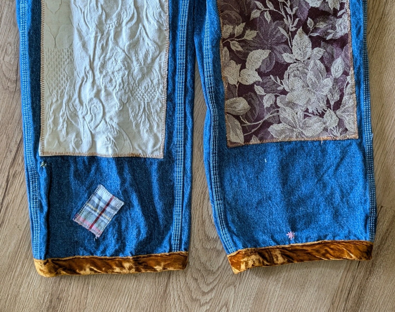 VINTAGE 1995 Crispina FFrench Handmade Artist Upcycled PATCHWORK OVERALLS 36×32