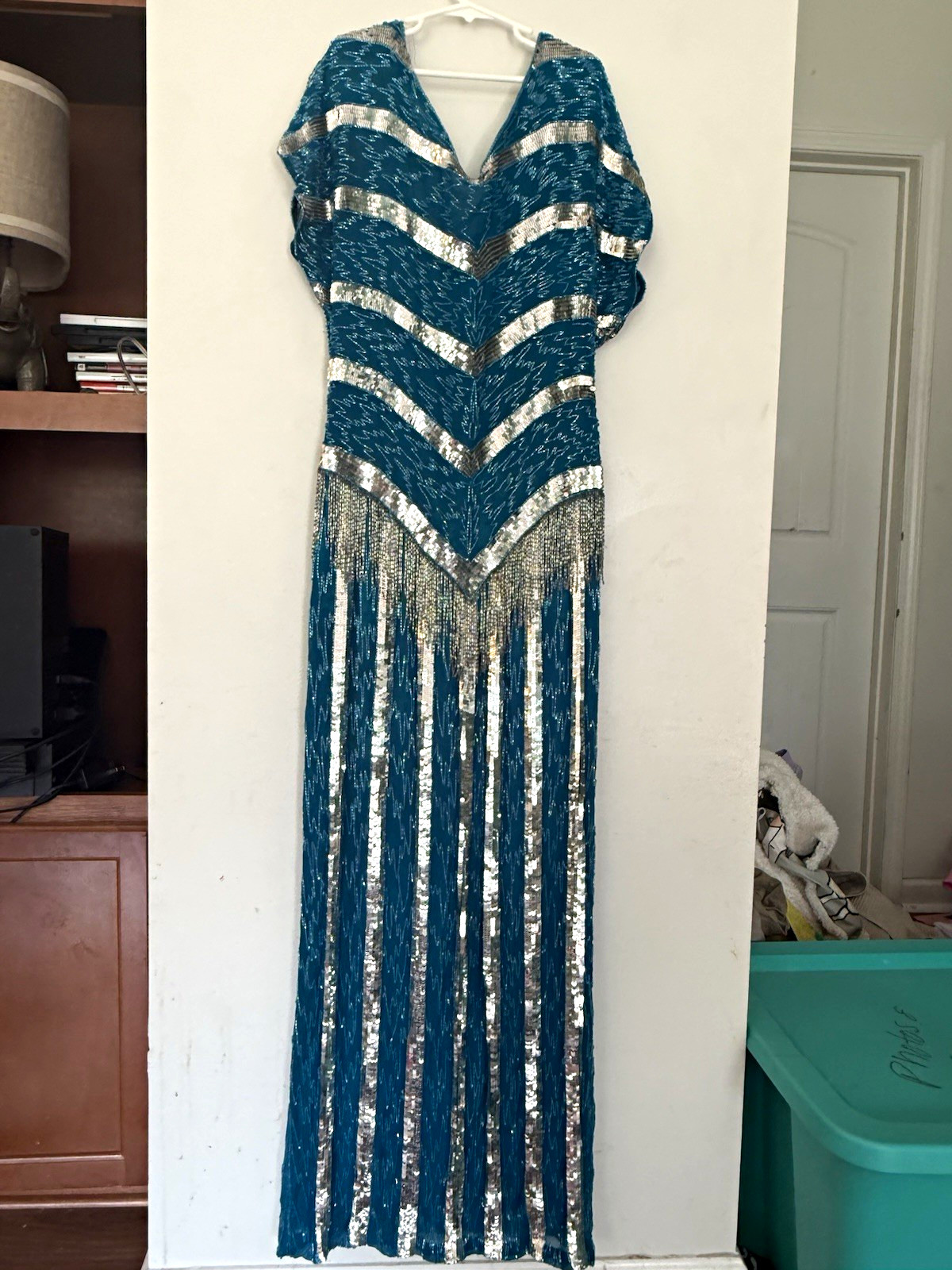 Vice & Versa Silk Beaded Sequin Fringe Dress, Blue/Silver, Size S