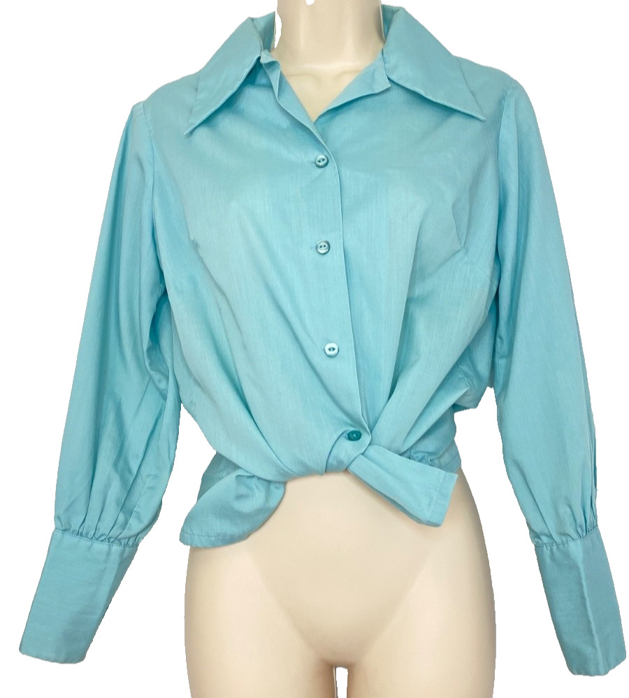 Vintage 1970s teal blouse XS long balloon sleeves cotton blend shirt top button