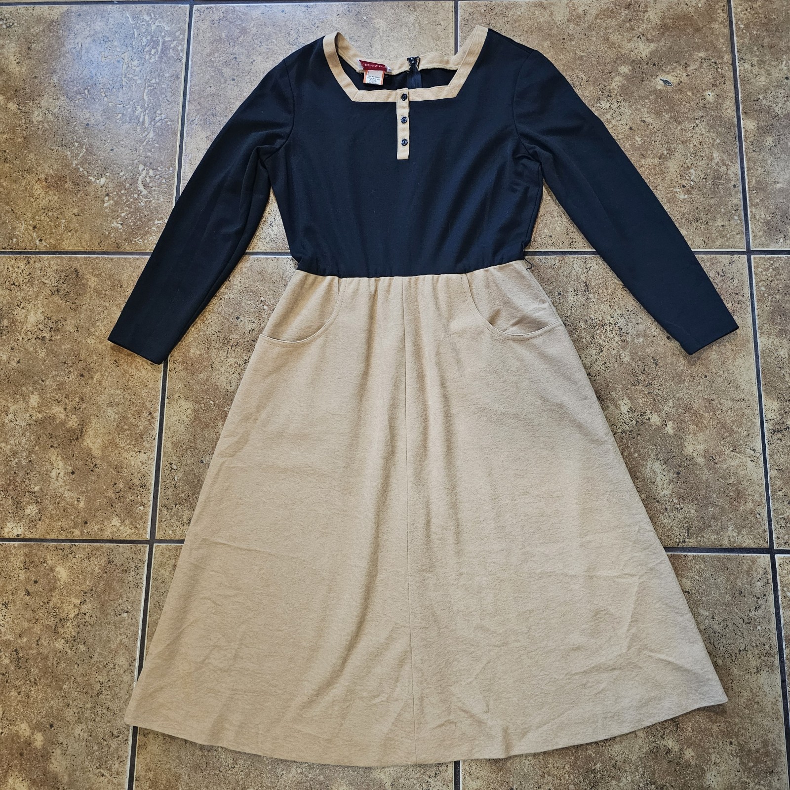 Vintage 70s Midi Dress Checkaberry Brand Long Sleeve Boho Black Tan Mod