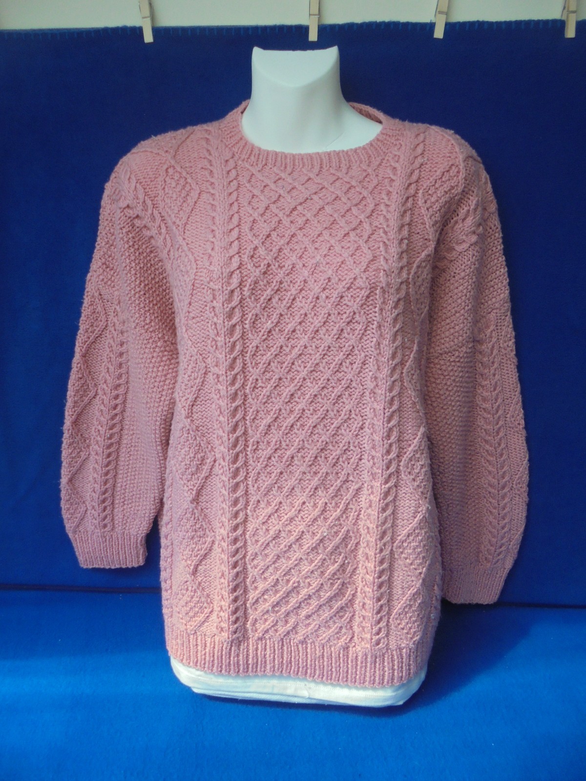 Vintage? Hand knit Fisherman/ Cable knit dusty pink Pullover size L?- XL?- XXL?
